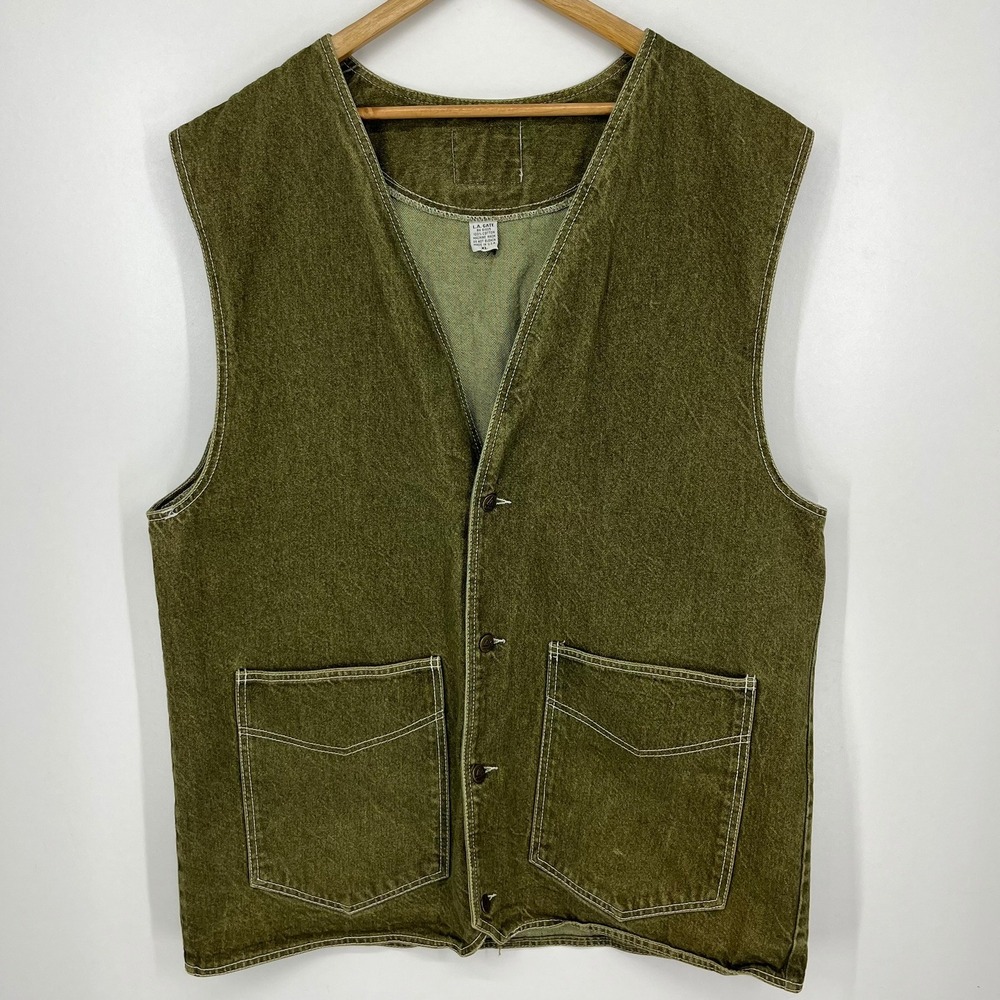 LA Gate Mens XL Vintage Olive Green Denim Vest Button Front Workwear Utility